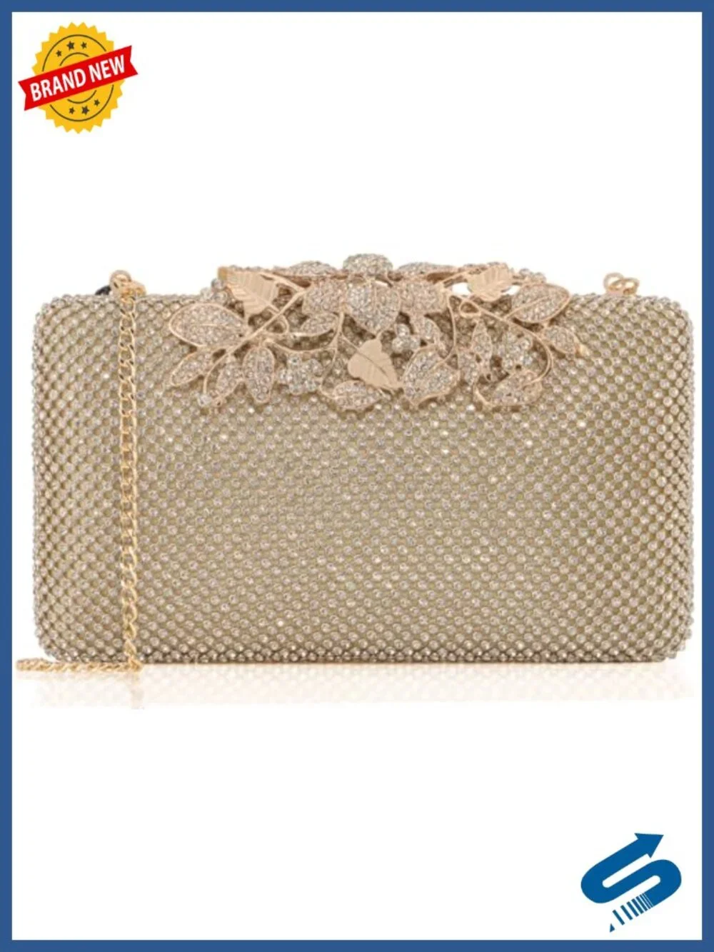 Women's Rhinestone Evening Clutch Bag with Gold Flower Clasp, Hard Shell,